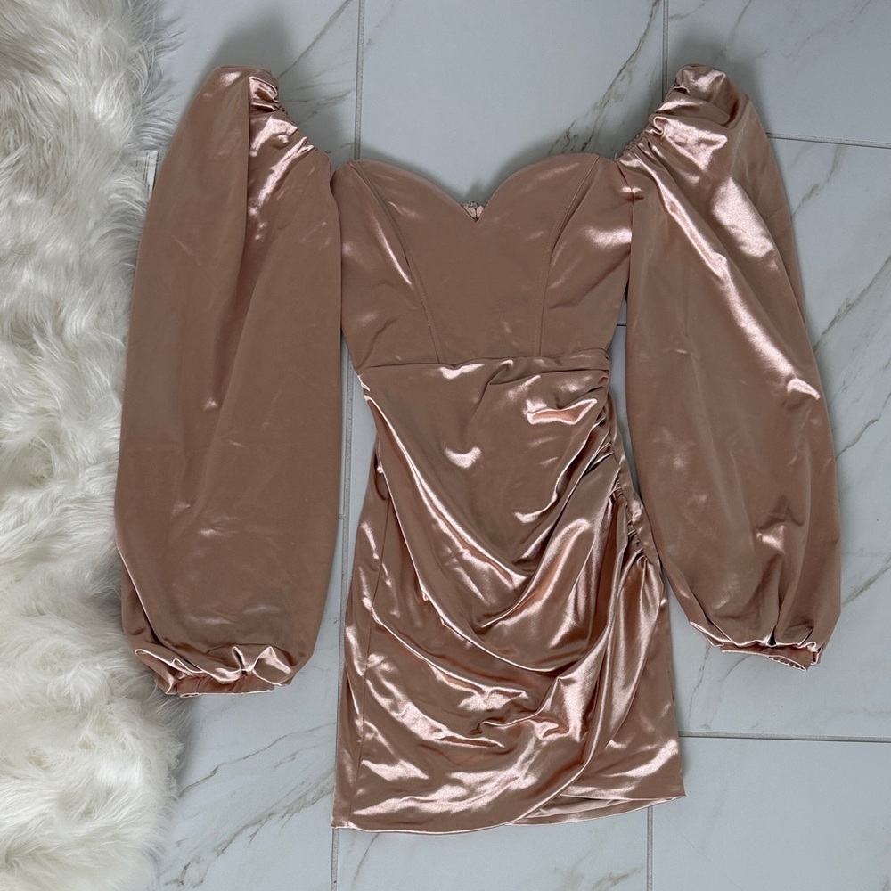 Oh Polly Rose Gold Puff-Sleeve Satin Mini Dress